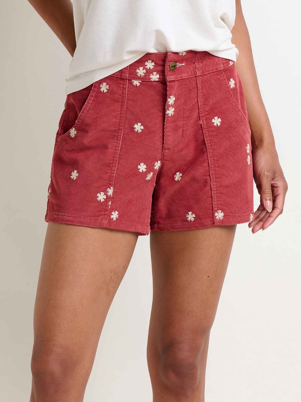 Toad&Co Red High-Waist Corduroy Shorts with White Floral Embroidery